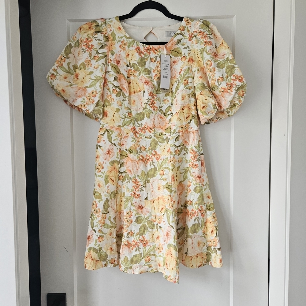 Ever New Floral Puff Sleeve Mini Dress - Cream and Green